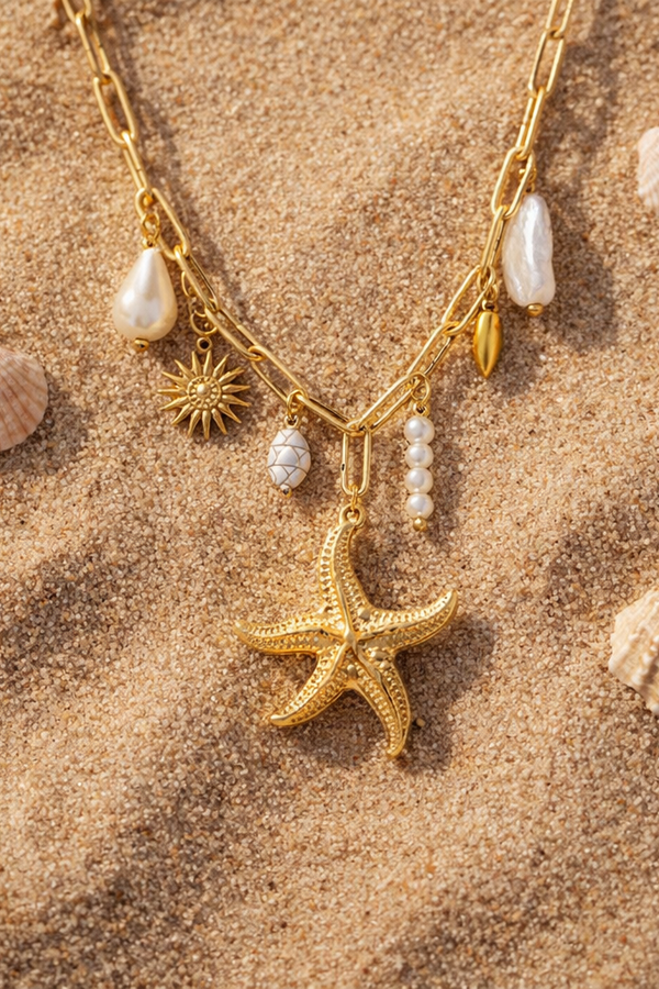 Aaliyah – ocean-inspired, playful, golden, charm necklace