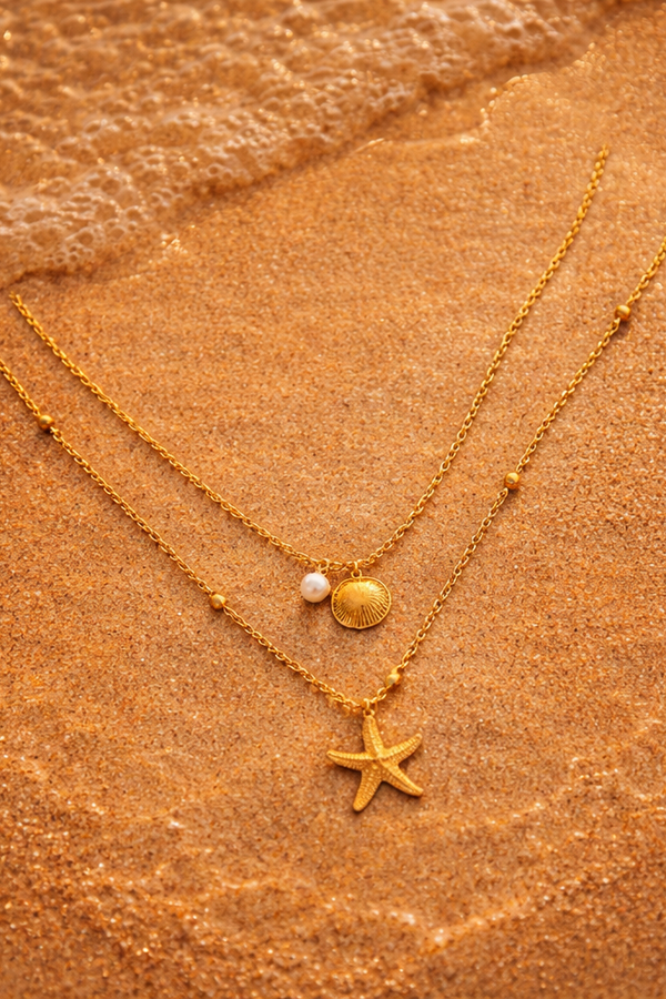 Gabriella – layered gold, ocean-inspired, elegant, statement necklace